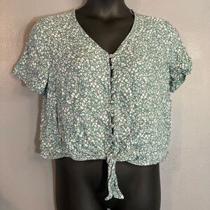 Dip green floral button up front knot blouse